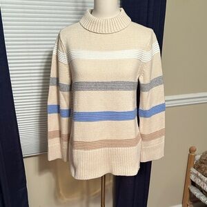 Talbots Cream and White/Olive/ Blue/Taupe Striped Turtleneck Sweater